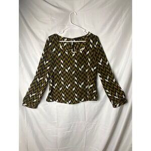 Edge Geometric Print Long Sleeve Blouse Women's‎ Size L Ruffle Front Detail